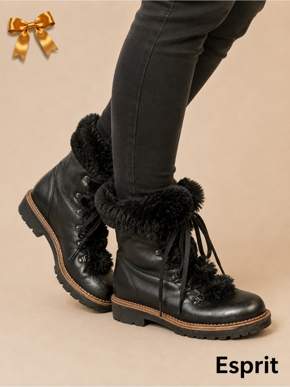 Esprit Black Faux Fur Lined Combat Boots Lug Sole Lace Up Size 8.5